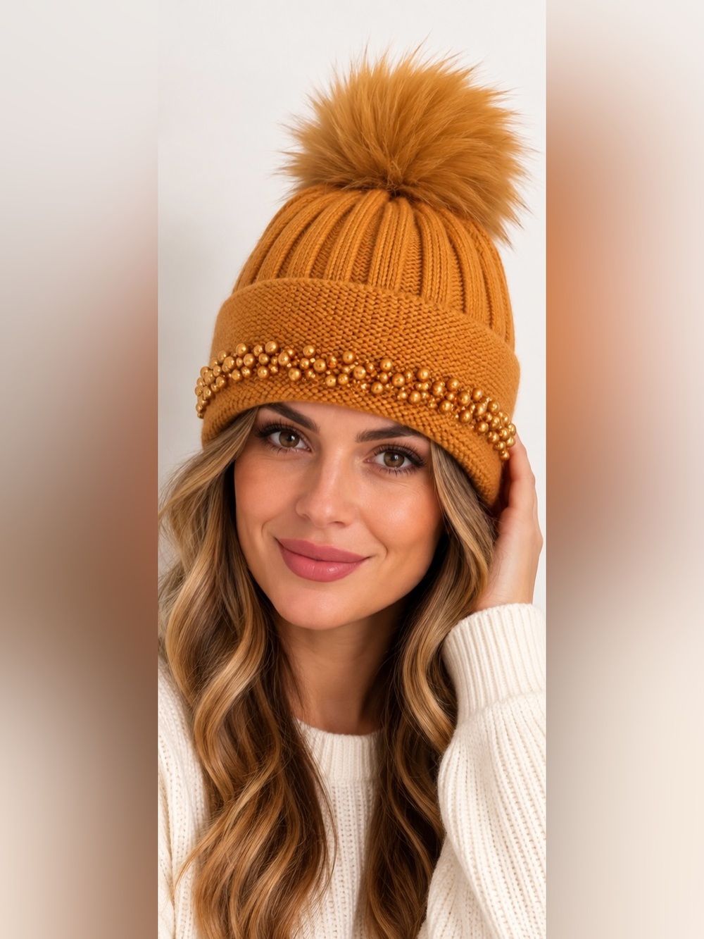 Knit Pom Beanie with Decorative Beads - Mustard